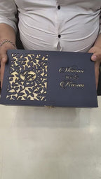 KL9003 Royal Blue Floral Design Lasercut Wedding Box with Laser Cut Couple Name and 2 Fold Page Card