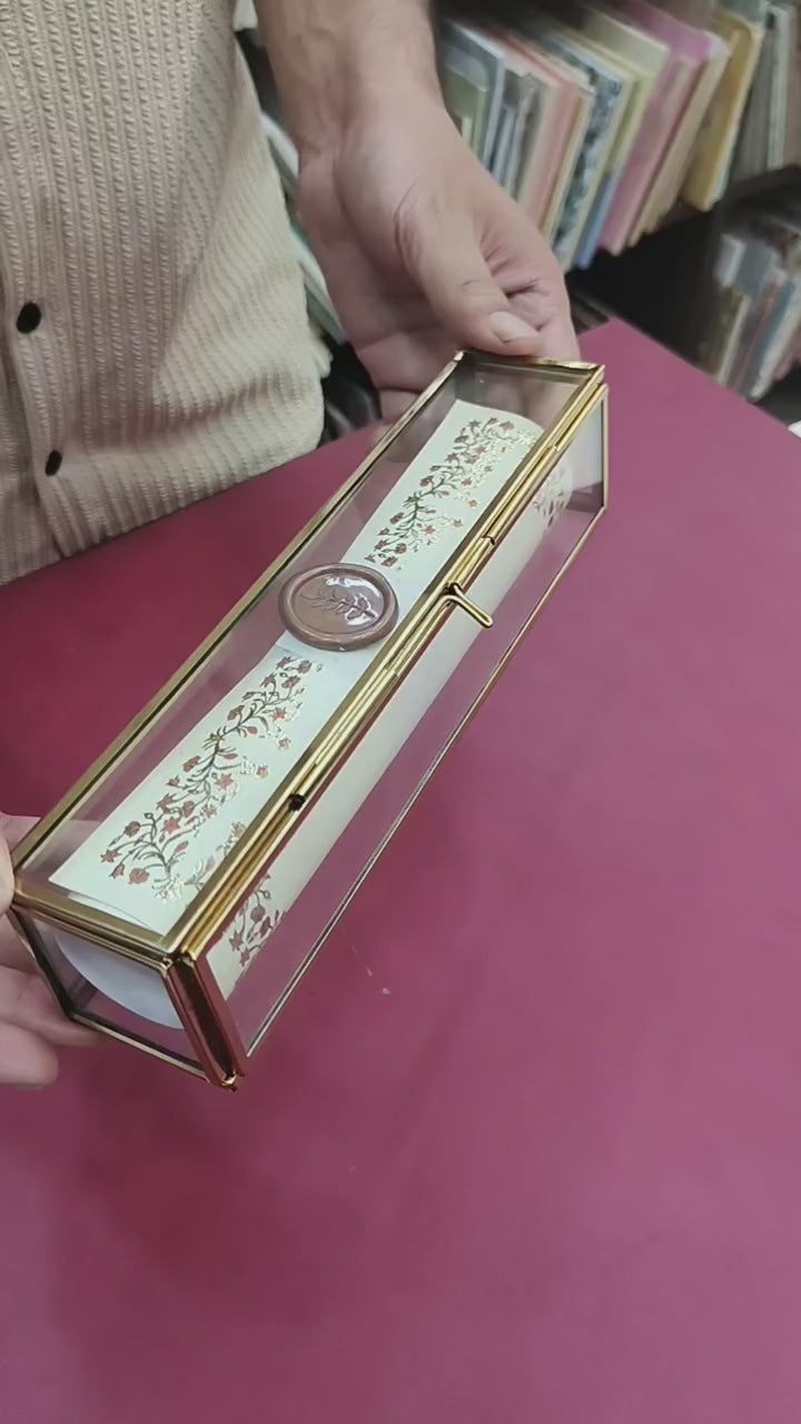 KL38 Floral Design Premium Gold Foil Paper Scroll Wedding Card with Luxury Transparent Glass Metal Box
