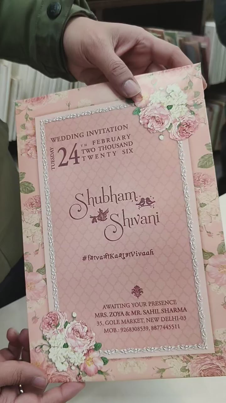 KLB583 Floral Design Paper Wedding Card with 2 Inserts and 1 Transparent Insert