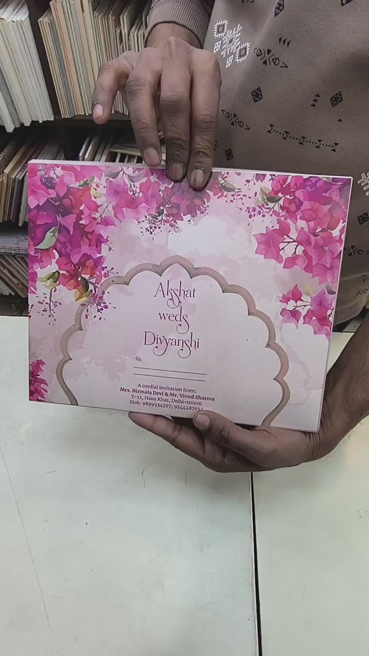 KL2111 Floral Design Door Style Velvet Fabric Hardboard Padding Thick Luxury Wedding Card with 2 Cards and Envelope