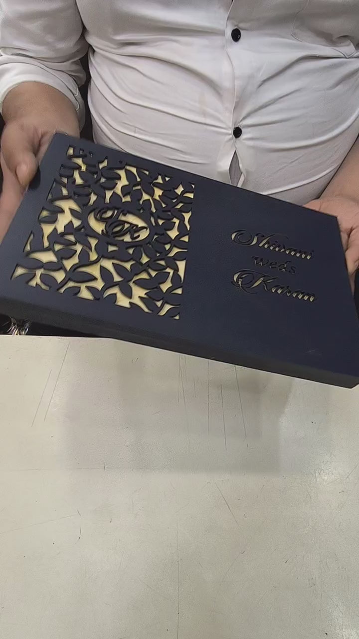 KLB599 Royal Blue Floral Design Lasercut Luxury Wooden Wedding Card with 2 Fold Page Inserts and Lasercut Couple Name