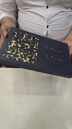 KLB599 Royal Blue Floral Design Lasercut Luxury Wooden Wedding Card with 2 Fold Page Inserts and Lasercut Couple Name