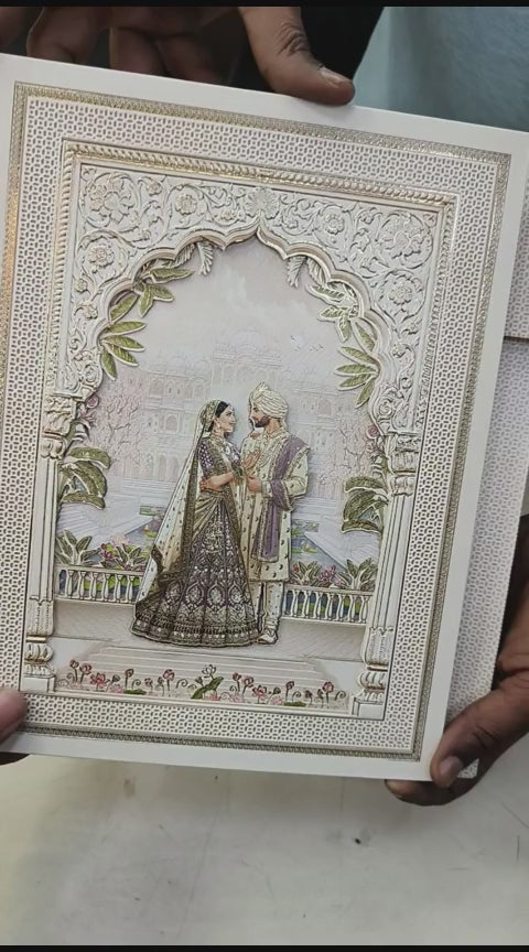 KLB522 Jharokha Raja Rani Theme Laser Cut Work Hardboard Padding Thick Wedding Card (2 Thick Page)