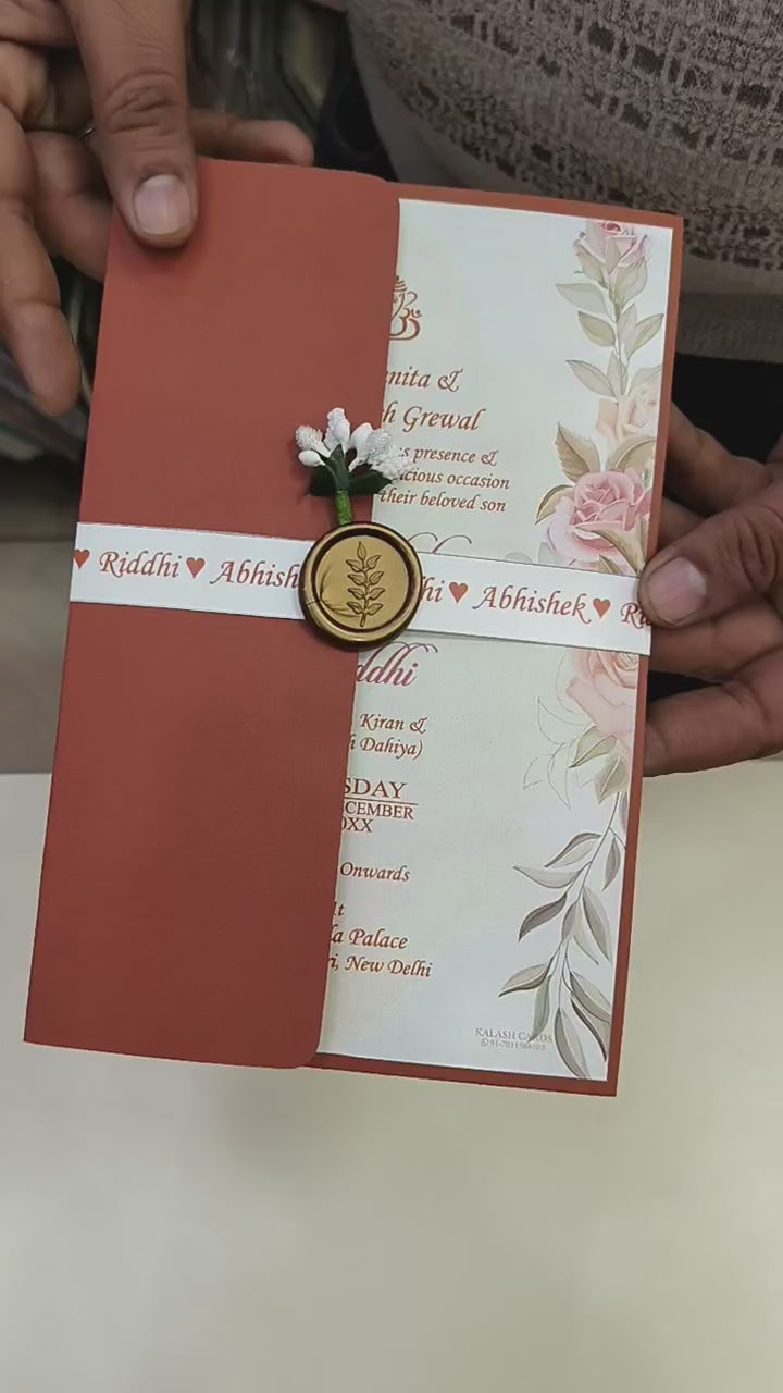 KL2159 Floral Theme Minimal Wedding Card with Flower Seal & Band (1 Page) - Pack of 10 Qty