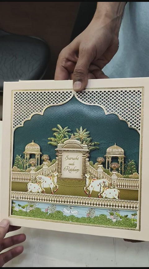 KLB511 Pichwai Jharokha Theme Glitter Gold Laser Cut Work Hardboard Padding Thick Wedding Card (2 Thick Page)