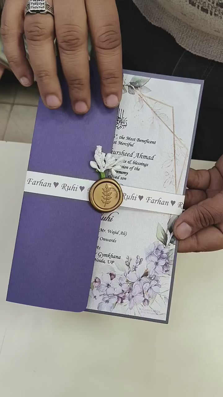 KL2174 Floral Theme Minimal Wedding Card with Flower Seal & Band (1 Page) - Pack of 10 Qty