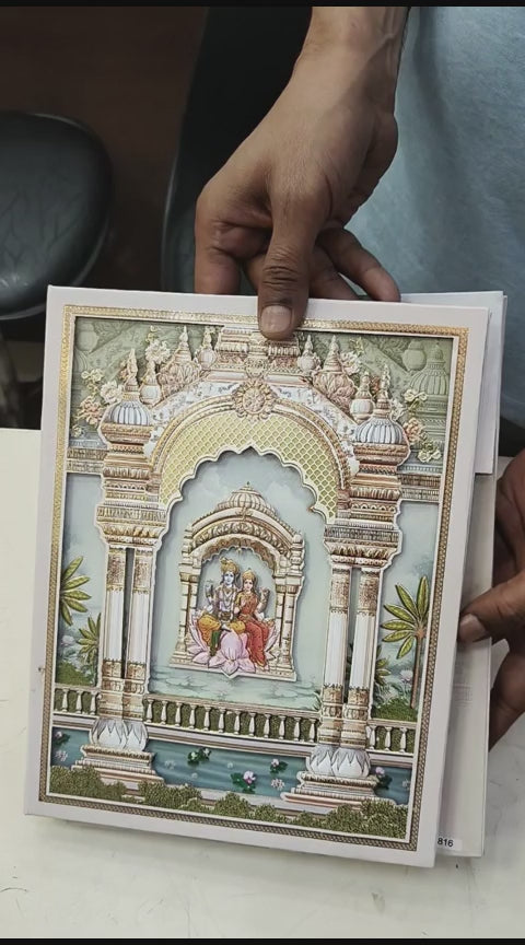 KLB507 Lord Vishnu Laxmi Theme Glitter Gold Laser Cut Work Hardboard Padding Thick Wedding Card (2 Thick Page)