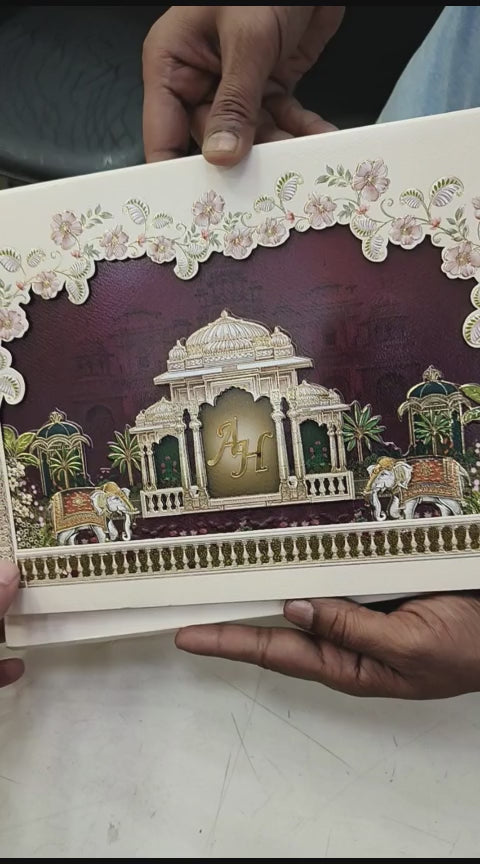 KLB523 Royal Elephant Theme Laser Cut Work Hardboard Padding Thick Wedding Card (2 Thick Page & Acrylic Couple Initial)