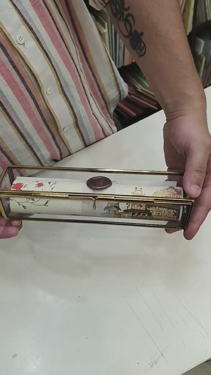 KL40 Royal Elephant Design Premium Gold Foil Paper Scroll Wedding Card with Luxury Transparent Glass Metal Box