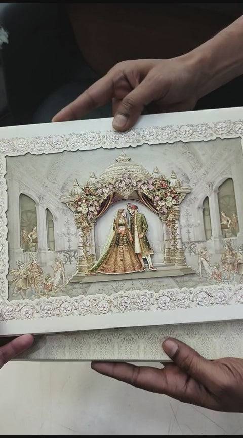 KLB529 Pastel Green Raja Rani Theme Laser Cut Work Hardboard Padding Thick Wedding Card (2 Thick Page)