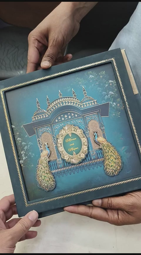 KLB515 Royal Blue Peacock Theme Glitter Gold Laser Cut Work Hardboard Padding Thick Wedding Card (2 Thick Page)