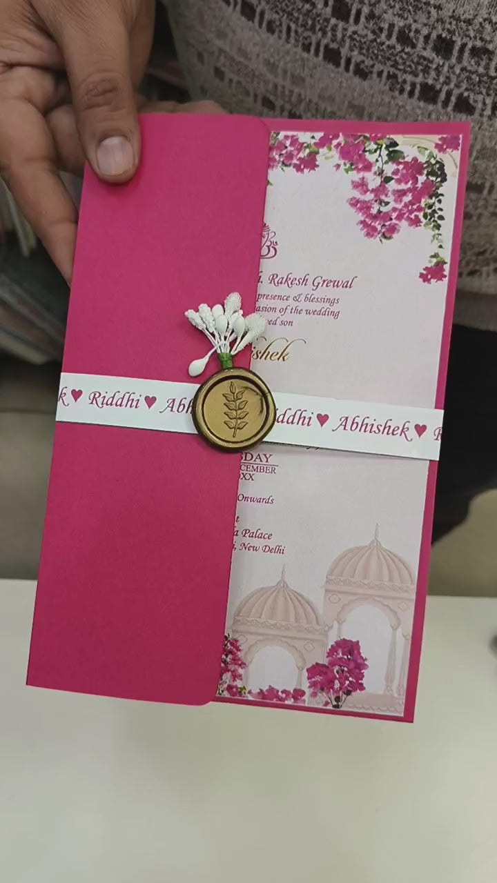 KL2156 Floral Theme Minimal Wedding Card with Flower Seal & Band (1 Page) - Pack of 10 Qty