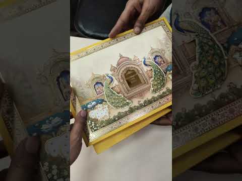 KLB934 Creme Yellow Royal Fort Peacock Laser Cut Padded Thick Wedding Card (2 Page & Couple Name Acrylic)