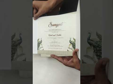 KLB746 Peacock Design Creme Color Embossed Semi Box Wedding Card (2 Page & Couple Name Acrylic)