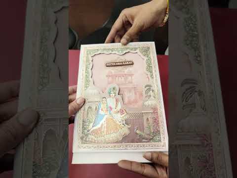 KLB893 Raja Rani Royal Fort Design Creme Orange Color Laser Cut Hardboard Padding Thick Wedding Card (2 Page & Couple Name Wooden Plate)