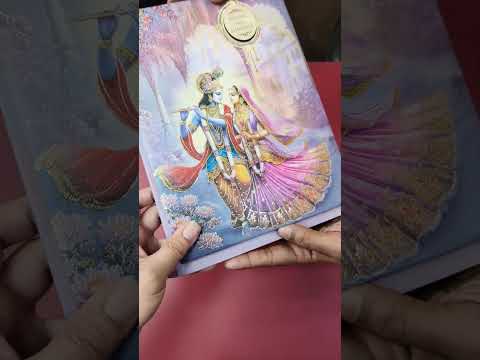 KLB923 Pink Purple Radha Krishna Padded Thick Wedding Card (2 Page & Couple Name Wooden Plate)