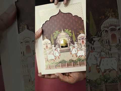 KLB927 Creme Maroon Royal Fort Pichwai Laser Cut Padded Thick Wedding Card (2 Page & Couple Initial Acrylic)