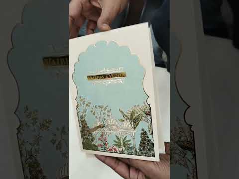 KLB817 Royal Fort Peacock Design Creme Blue Color Hardboard Padding Thick Wedding Card (2 Page & Couple Name Acrylic)