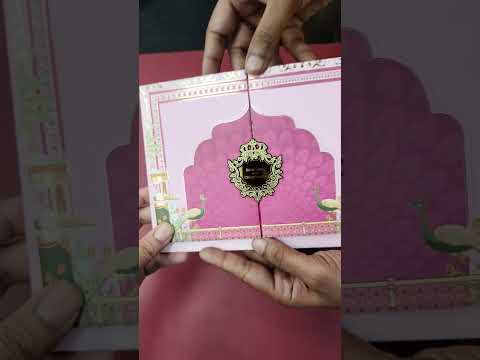 KLB905 Pink Royal Fort Peacock Door Style Padded Thick Wedding Card (2 Page & Couple Name Acrylic)