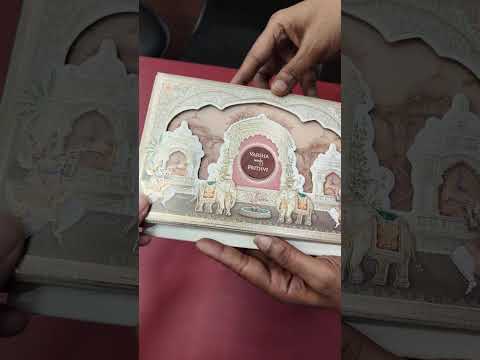 KLB883 Elephant Design Creme Color Laser Cut Hardboard Padding Thick Wedding Card (2 Page & Couple Name Wooden Plate)