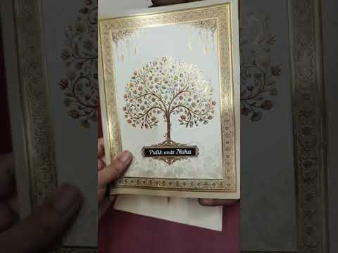 KLB-1506 Creme Golden Tree of Life Semi Box Wedding Card (2 Page & Couple Name Wooden Plate)