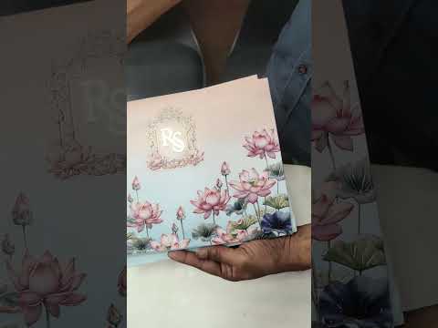 KLB754 Lotus Floral Design Blue Pink Color Embossed Semi Box Wedding Card (2 Page & Couple Initial Acrylic)