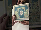 KLB886 Peacock Design Blue Green Color Premium 3D Gold Foil Hardboard Padding Thick Wedding Card (2 Page & Couple Name Wooden Plate)