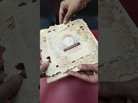 KLB-1366 Creme Floral Laser Cut Carry Bag Style MDF Thick Wedding Card (2 Page & Couple Name Wooden Plate)