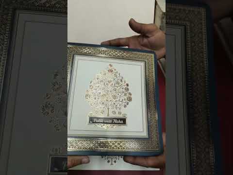 KLB-1542 Creme Blue Tree of Life 3D Gold Foil Semi Box Wedding Card (2 Page & Couple Name Wooden Plate)