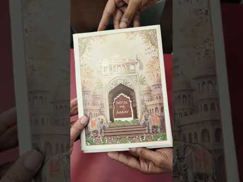 KLB892 Royal Fort Elephant Design Brown Color Hardboard Padding Thick Wedding Card (2 Page & Couple Name Wooden Plate)