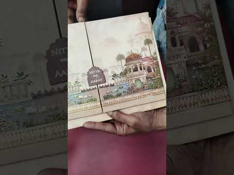 KLB898 Royal Fort Design Peach Color Premium 3D Gold Foil Double Door Style Hardboard Padding Thick Wedding Card (2 Page & Couple Name Wooden Plate)