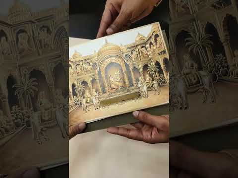 KLB-1119 Green Golden Royal Fort Radha Krishna Leatherette Embossed Padded Thick Wedding Card (2 Page & Couple Name Acrylic)