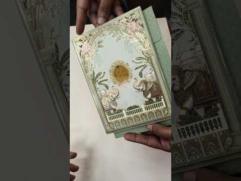 KLB910 Green Royal Fort Elephant Padded Thick Wedding Card (2 Page & Couple Initial Acrylic)