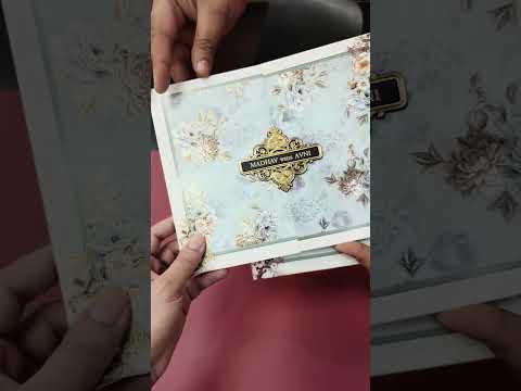 KLB-1309 White Blue Floral Door Style Semi Box Wedding Card (2 Page & Couple Name Wooden Plate)