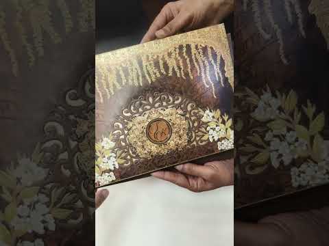 KLB723 Floral Design Brown Golden Color Laser Cut Embossed Hardboard Padding Thick Wedding Card (2 Page & Couple Initial Acrylic)