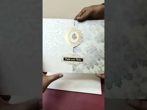 KLB-1565 White Grey Floral Door Style Embossed Semi Box Wedding Card (2 Page & Couple Name Wooden Plate)