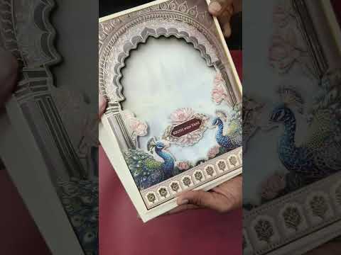KLB930 Creme Brown Peacock Laser Cut Padded Thick Wedding Card (2 Page & Couple Name Wooden Plate)