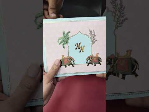 KLB-1152 Green Pink Elephant Semi Box Wedding Card (2 Page & Couple Initial Acrylic)