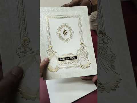 KLB-1558 White Creme Traditional Embossed Semi Box Wedding Card (2 Page & Couple Name Wooden Plate)