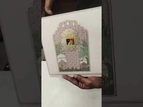 KLB743 Raja Rani Royal Fort Design Creme Color Semi Box Wedding Card (2 Page & Couple Name Acrylic)