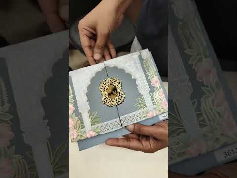 KLB802 Royal Fort Floral Design Blue Color Double Door Style Hardboard Padding Thick Wedding Card (2 Page & Couple Initial Acrylic)