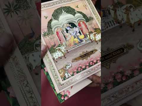 KLB918 Peach Pichwai Radha Krishna Padded Thick Wedding Card (2 Page & Couple Name Acrylic)