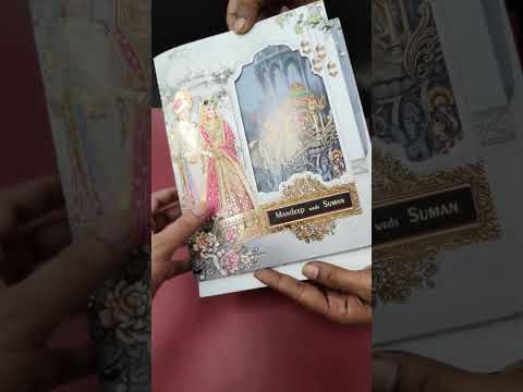 KLB-1327 Blue Raja Rani Laser Cut Semi Box Wedding Card (2 Page & Couple Name Wooden Plate)