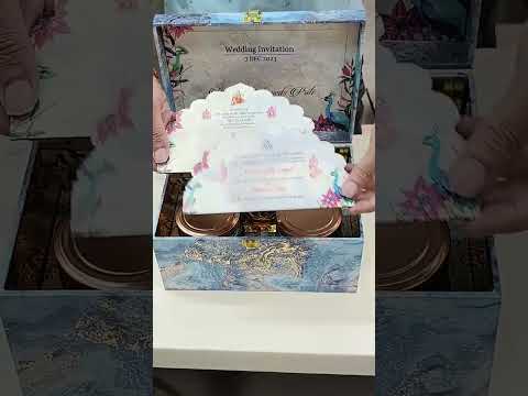 KL9118 Colourful Blue Abstract Luxury MDF Gift Box with 2 Designer Temple Printed Card Inserts, Lasercut Baraat and Ganpati Murti (2 Jars)