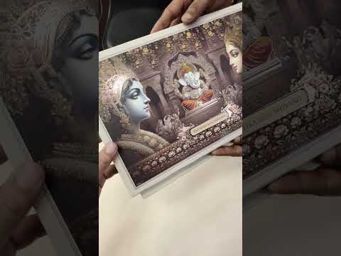 KLB944 Brown Radha Krishna Ganesh Ji Padded Thick Wedding Card (2 Page & Couple Name Wooden Plate)