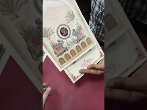 KLB865 Royal Fort Elephant Design Creme Color Semi Box Wedding Card (2 Page & Couple Name Wooden Plate)