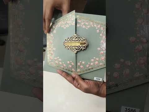 KLB739 Lotus Floral Design Green Color Double Door Style Semi Box Wedding Card (2 Page & Couple Name Acrylic)
