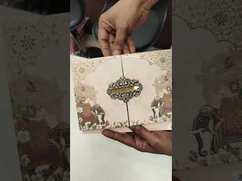 KLB805 Elephant Design Peach Color Double Door Style Hardboard Padding Thick Wedding Card (2 Page & Couple Name Acrylic)