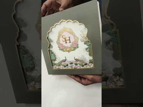 KLB730 Lotus Peacock Design Green Color Laser Cut Hardboard Padding Thick Wedding Card (2 Page & Couple Initial Acrylic)