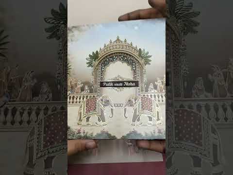 KLB-1540 Blue Royal Arch Elephant 3D Gold Foil Semi Box Wedding Card (2 Page & Couple Name Wooden Plate)
